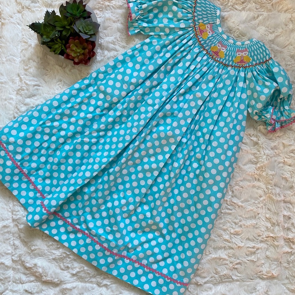 Summer Sunshine Kids Smocked Polka Dot Owls Dress